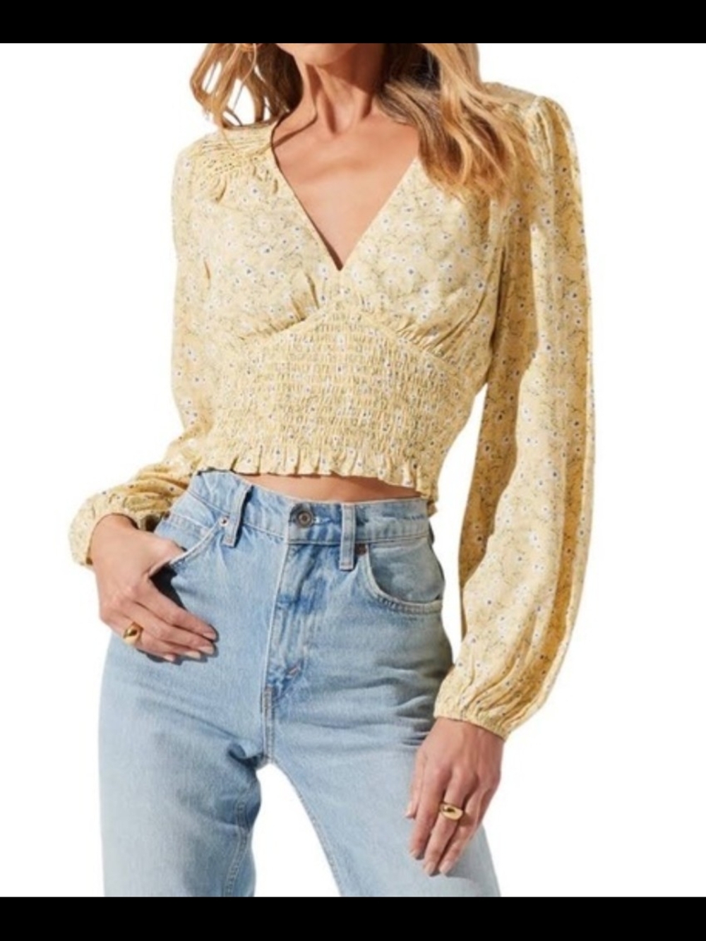 ASTR The Label Yellow Floral Smocked V-Neck Crop Top